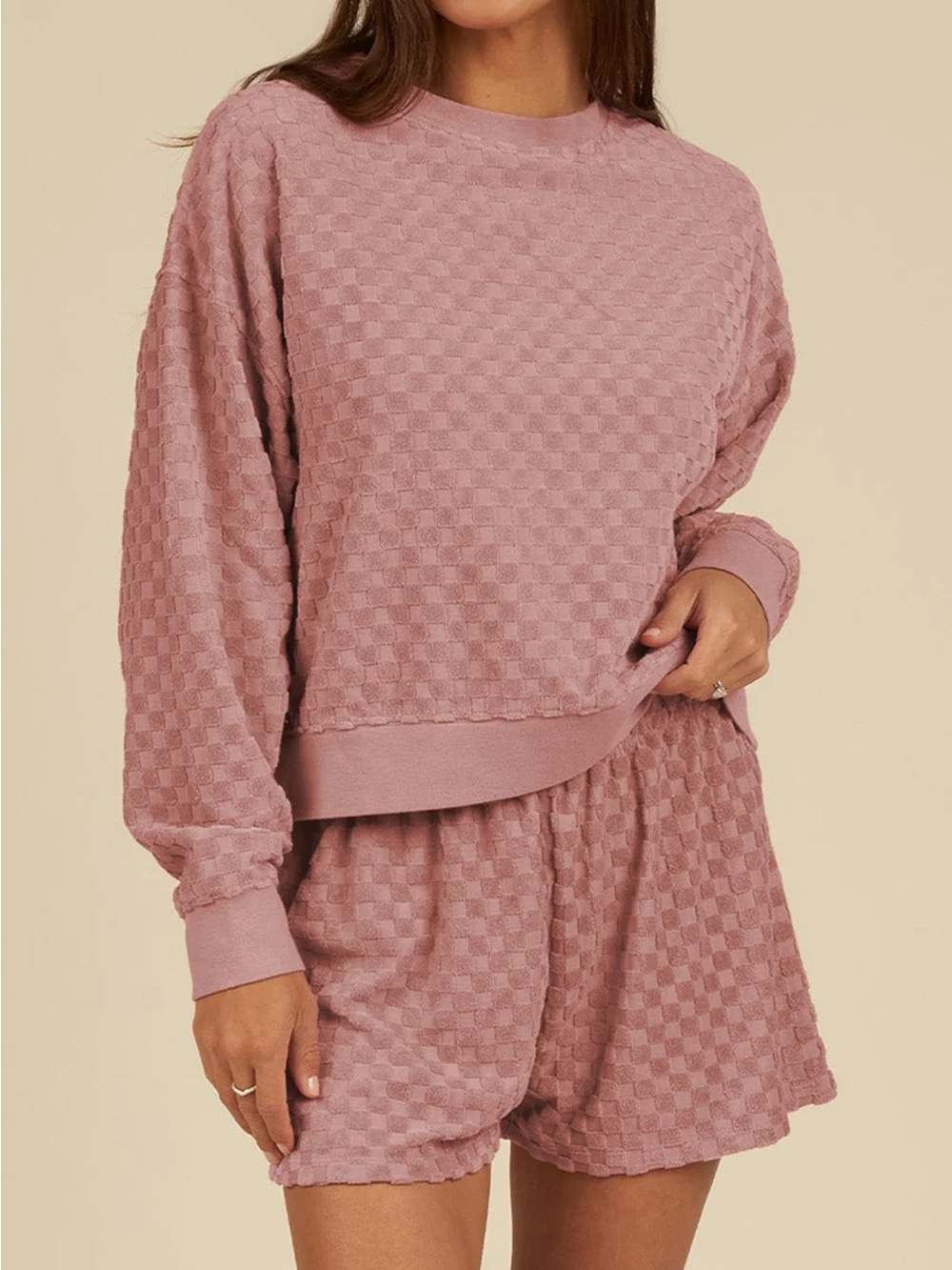 Rylee + Cru Blossom Pink Checkered Squares Terry Sweatshirt Shorts Lounge Set